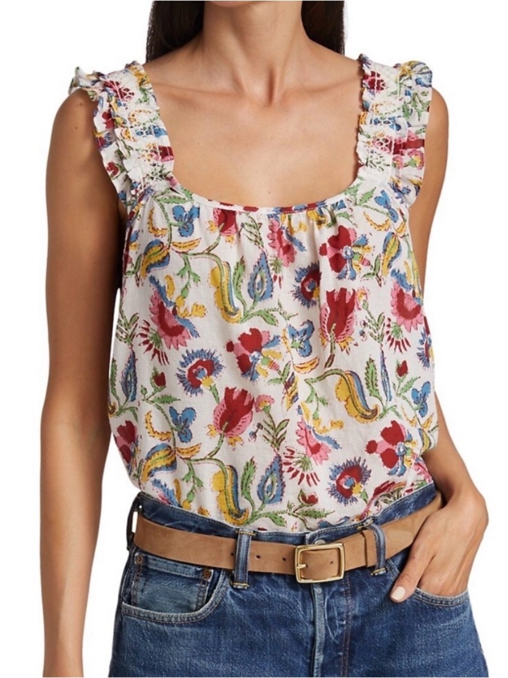 Xirena White Floral Daybreak Dev Tank Top Cotton Gauze Size Large Boho Tropical
